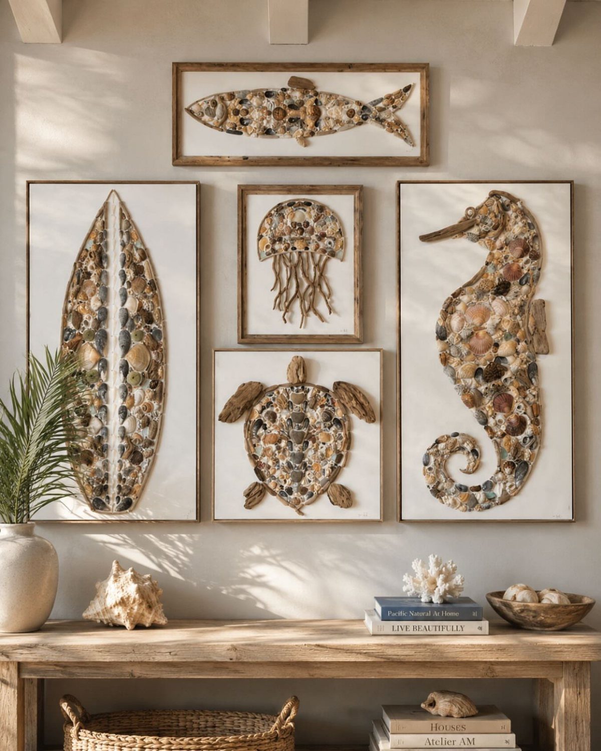 Shell art frames of sea creatures hanging above a rustic wooden console table.