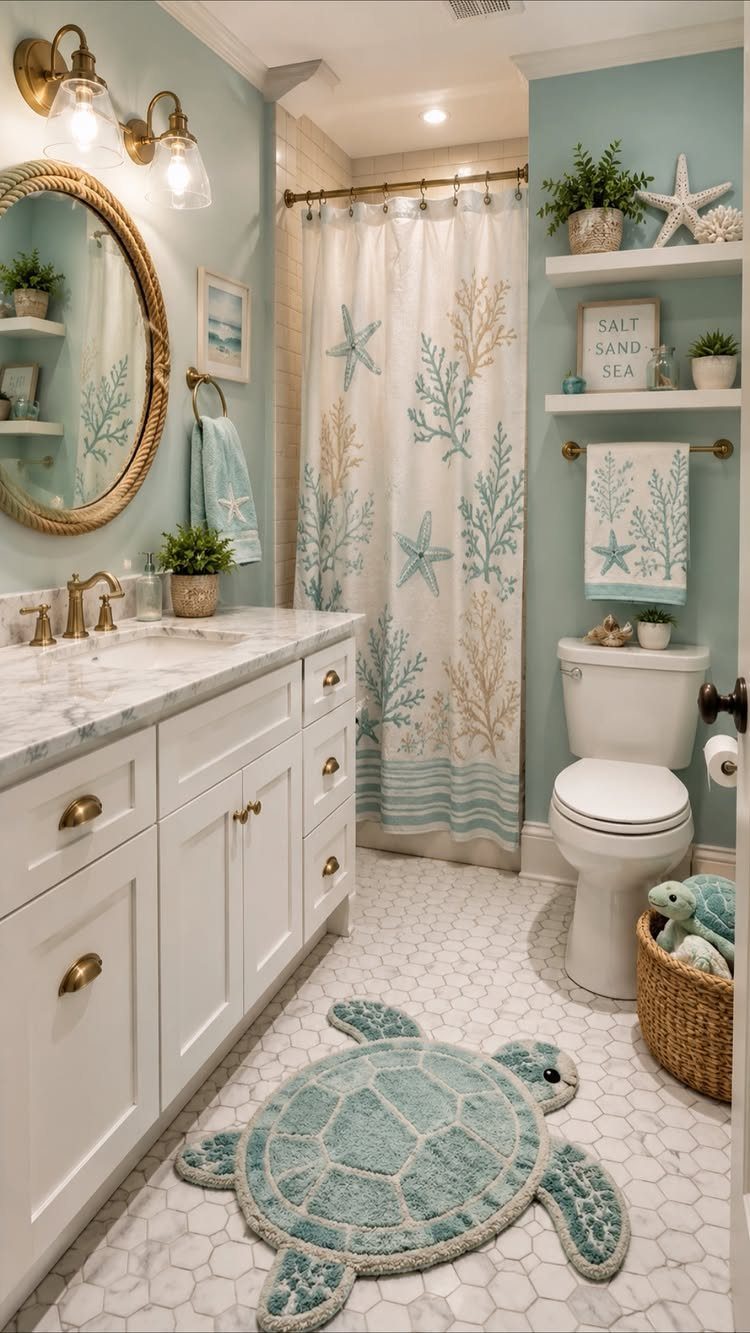 Coastal bathroom with blue walls, white vanity, and a sea turtle floor mat.
