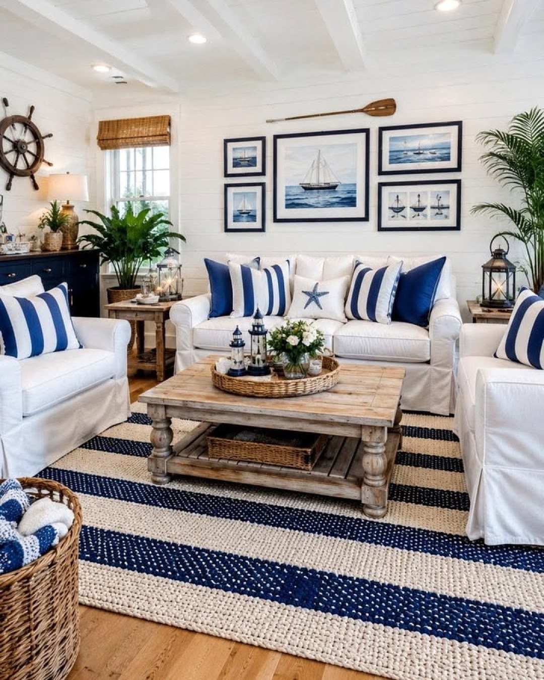 Weathered wood coffee table in a nautical living room with blue striped accents.