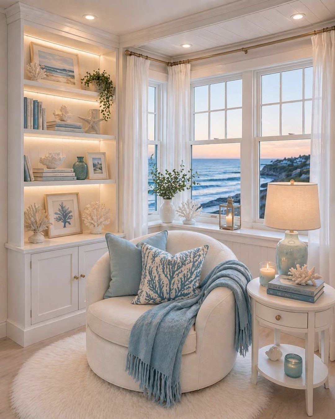 White swivel chair with blue coral print pillow and blanket by ocean window.