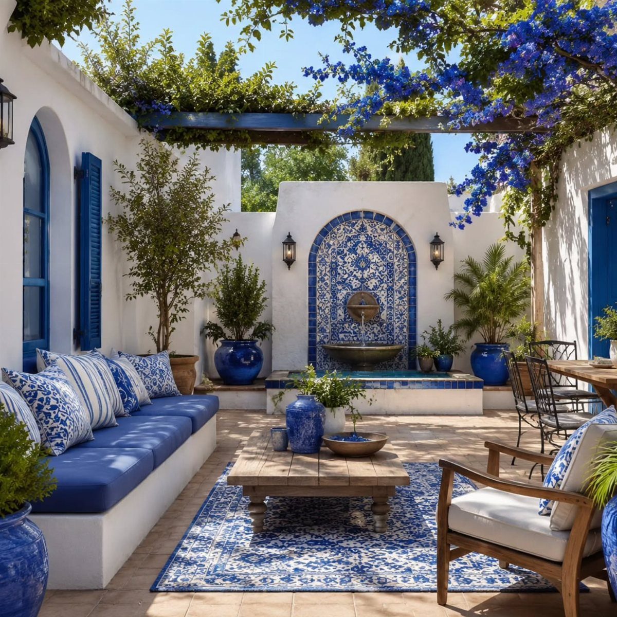 Outdoor patio with blue cushions, wooden table, and a blue tiled wall fountain.