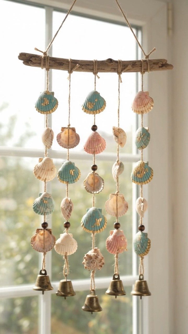 Seashell mobile with brass bells hanging from a weathered wooden branch by a window.