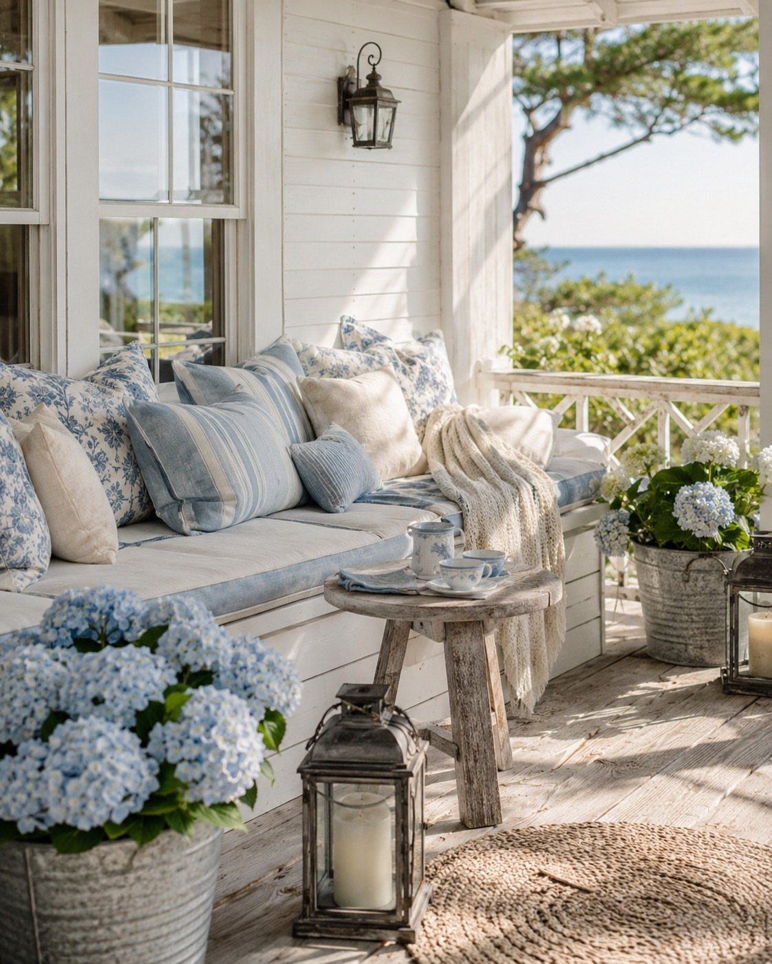 Weathered wood side table and built-in bench on a bright coastal porch overlooking the ocean.