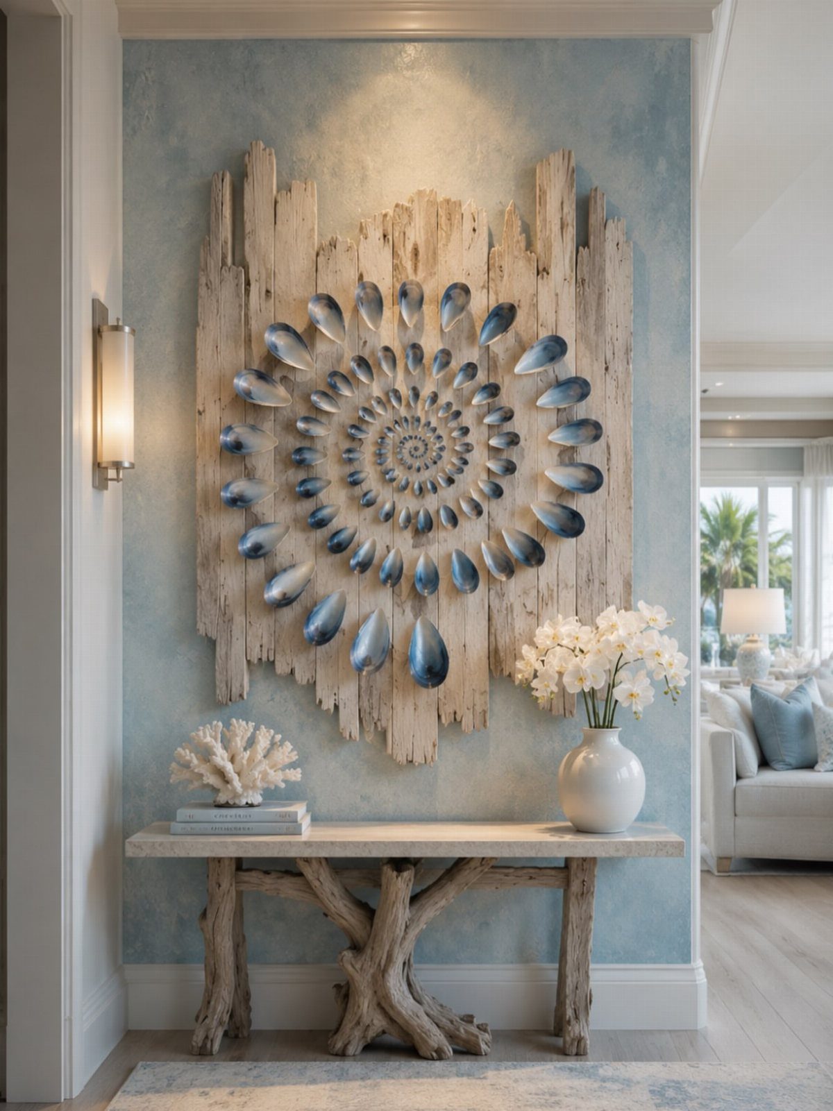 Driftwood console table and shell wall art in a light blue coastal room.