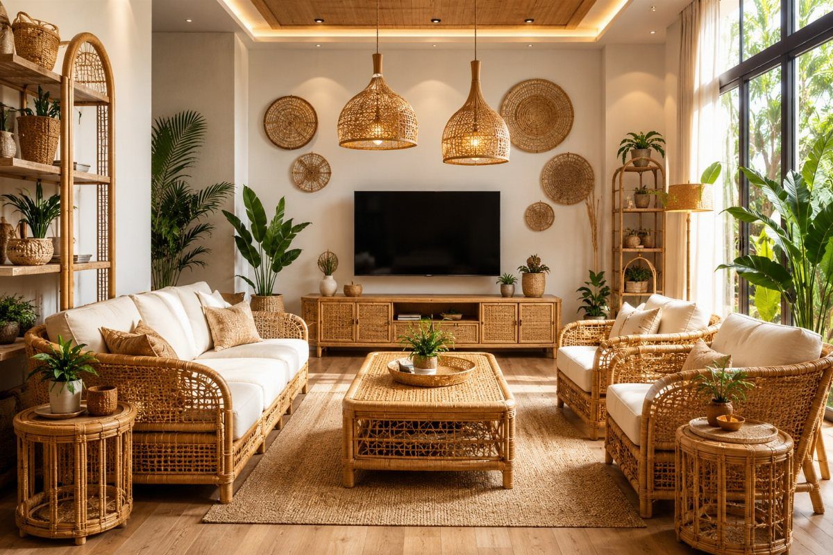 Wicker living room furniture set with white cushions and woven pendant lights.