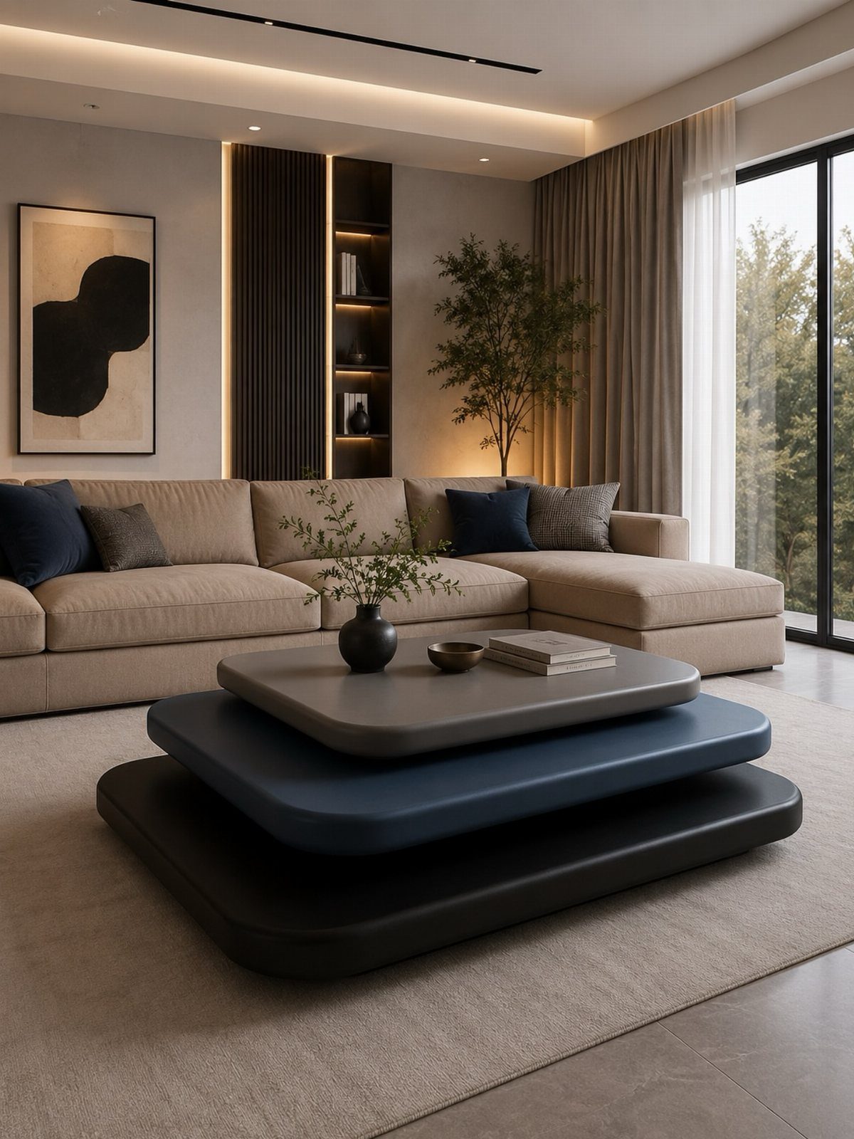 Three-tiered sculptural coffee table with minimalist decor in a modern living room.