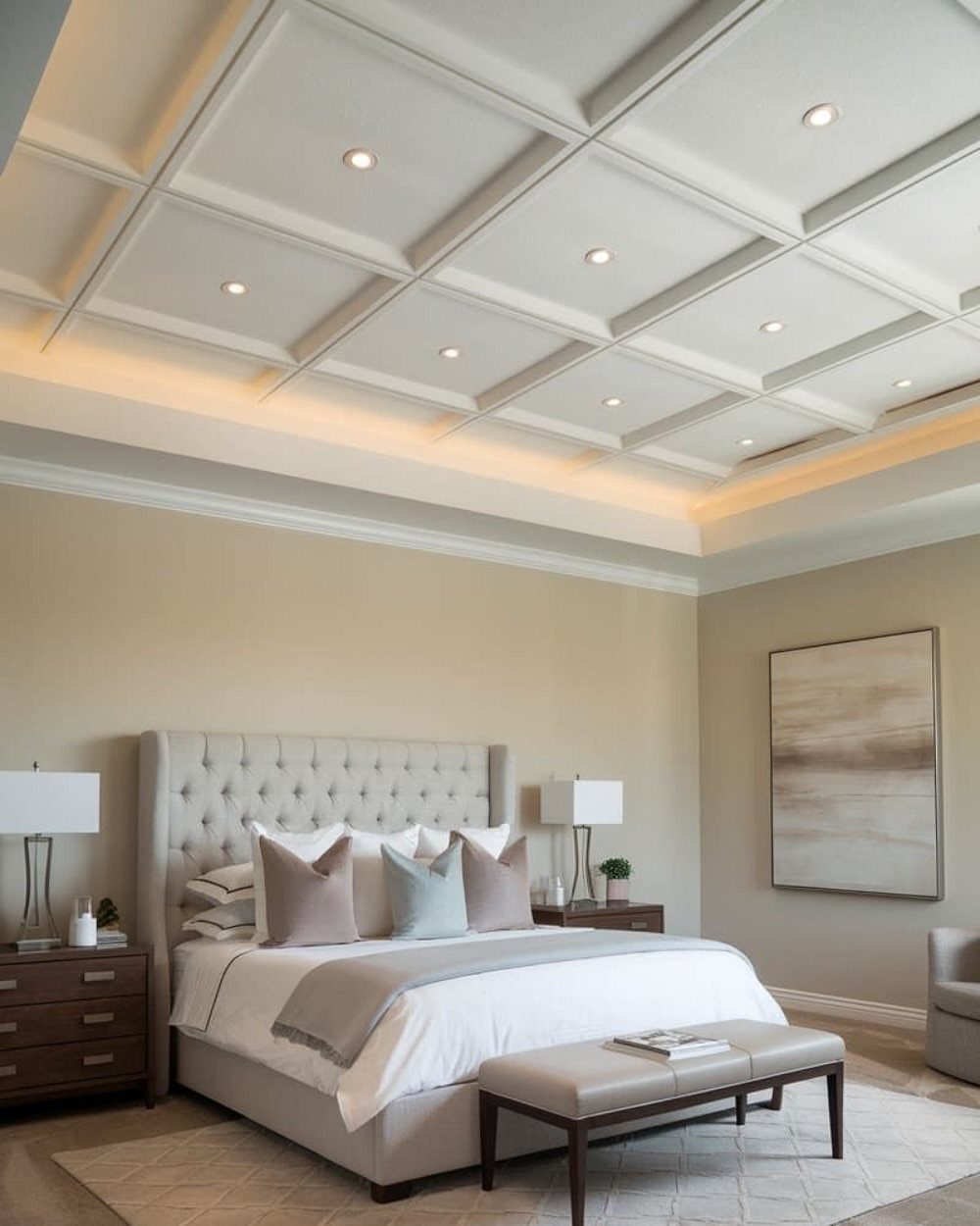 White square grid coffered ceiling with pot lights in a neutral bedroom.