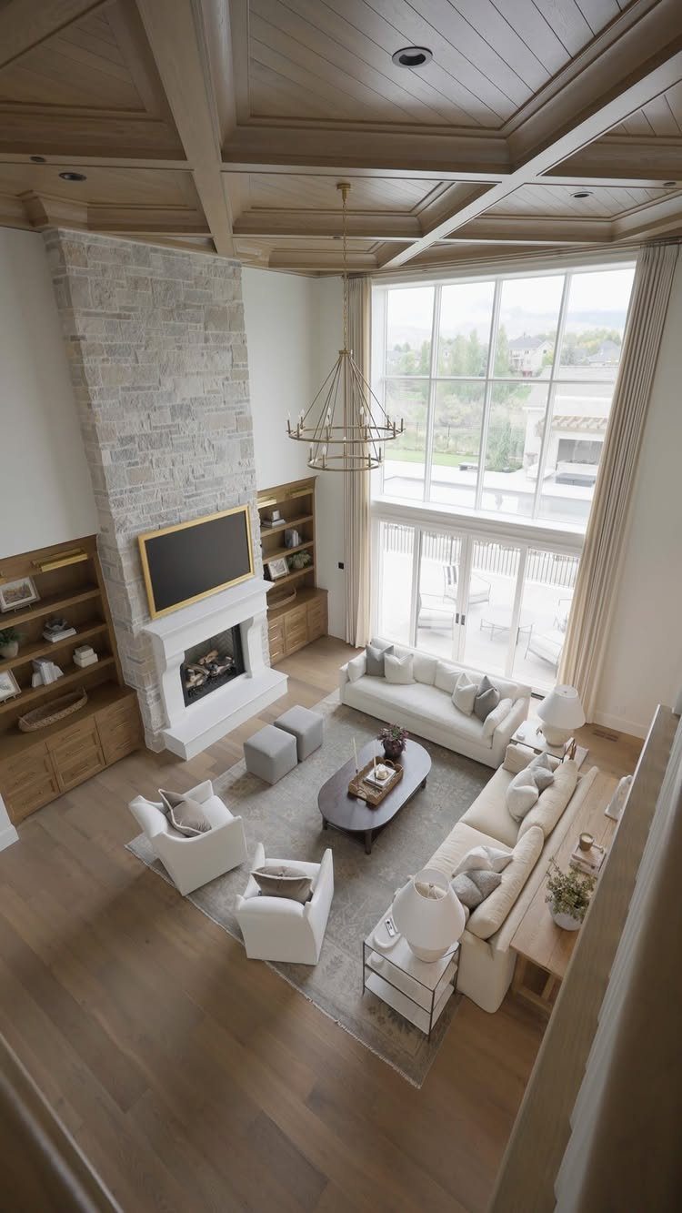 Coffered ceiling with beadboard wood panels in a bright, modern living room.