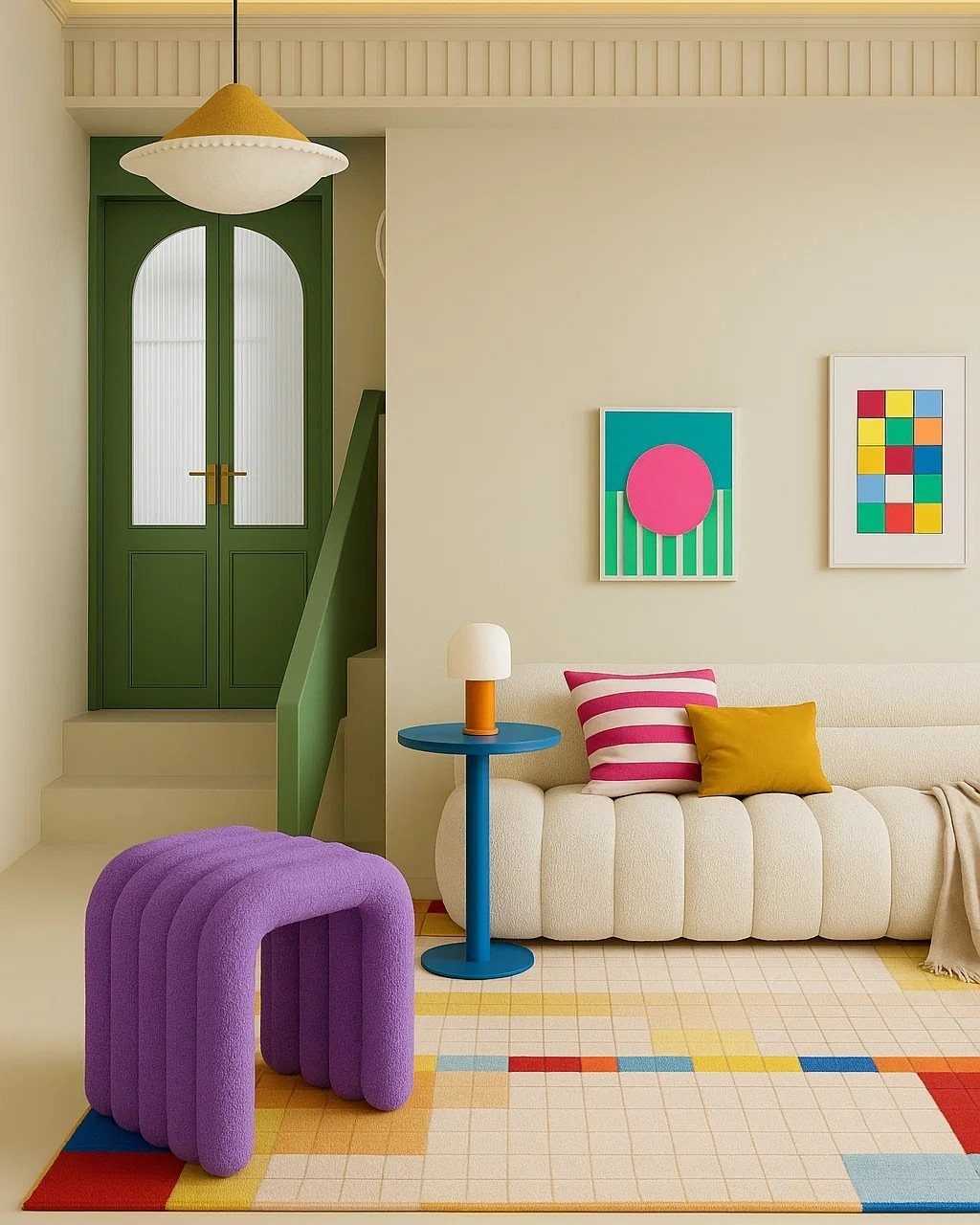 Purple sculptural textured accent chair in a colorful modern living room setting