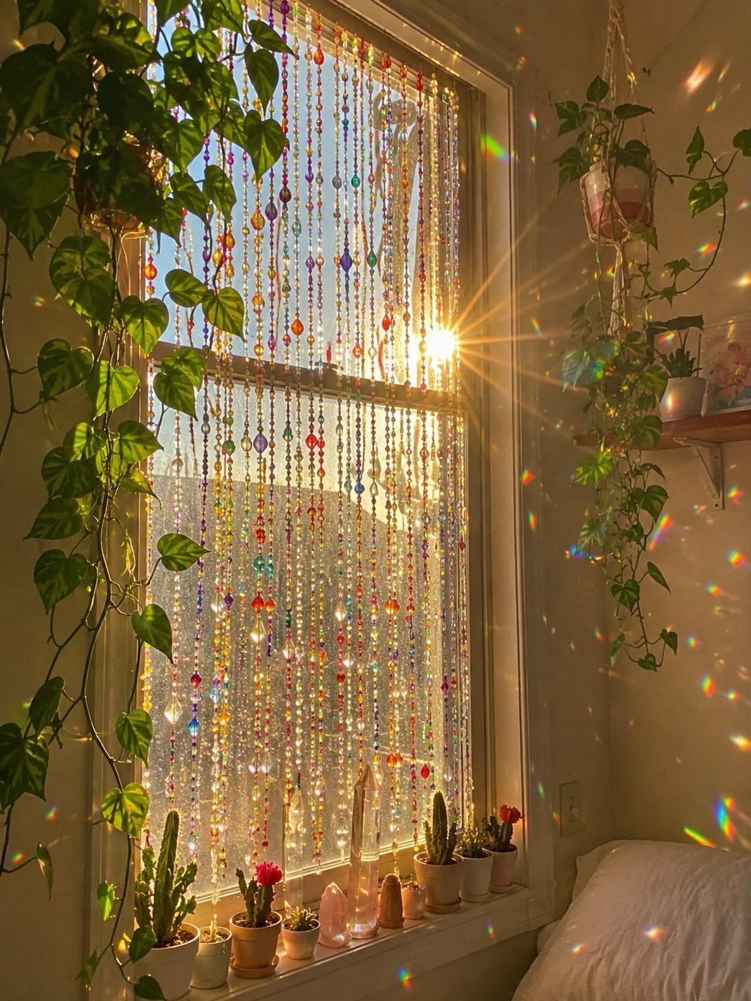 Colorful beaded curtain hanging over a window with sunlight and potted plants.