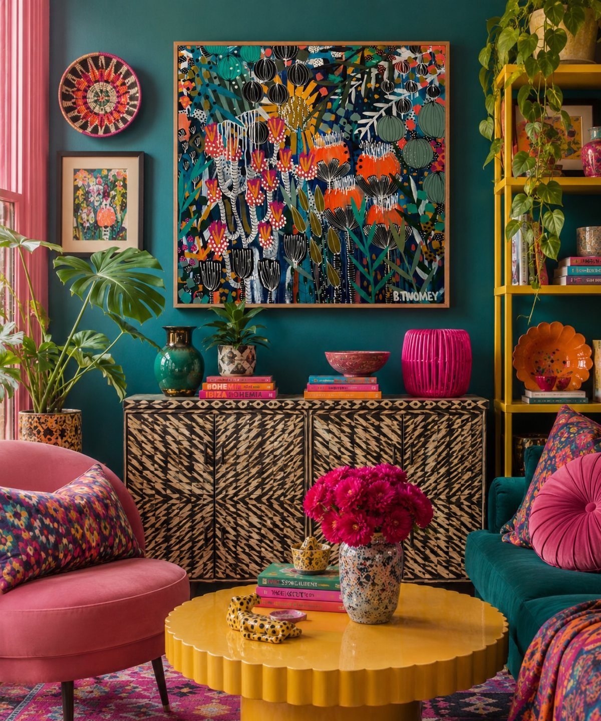 Vibrant living room with teal walls, pink armchair, and colorful eclectic decor.