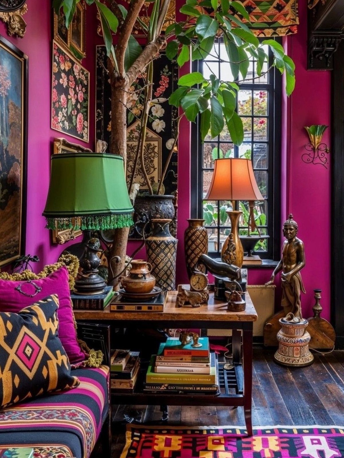 Vibrant room with magenta walls, patterned textiles, and eclectic decor on a wooden table.