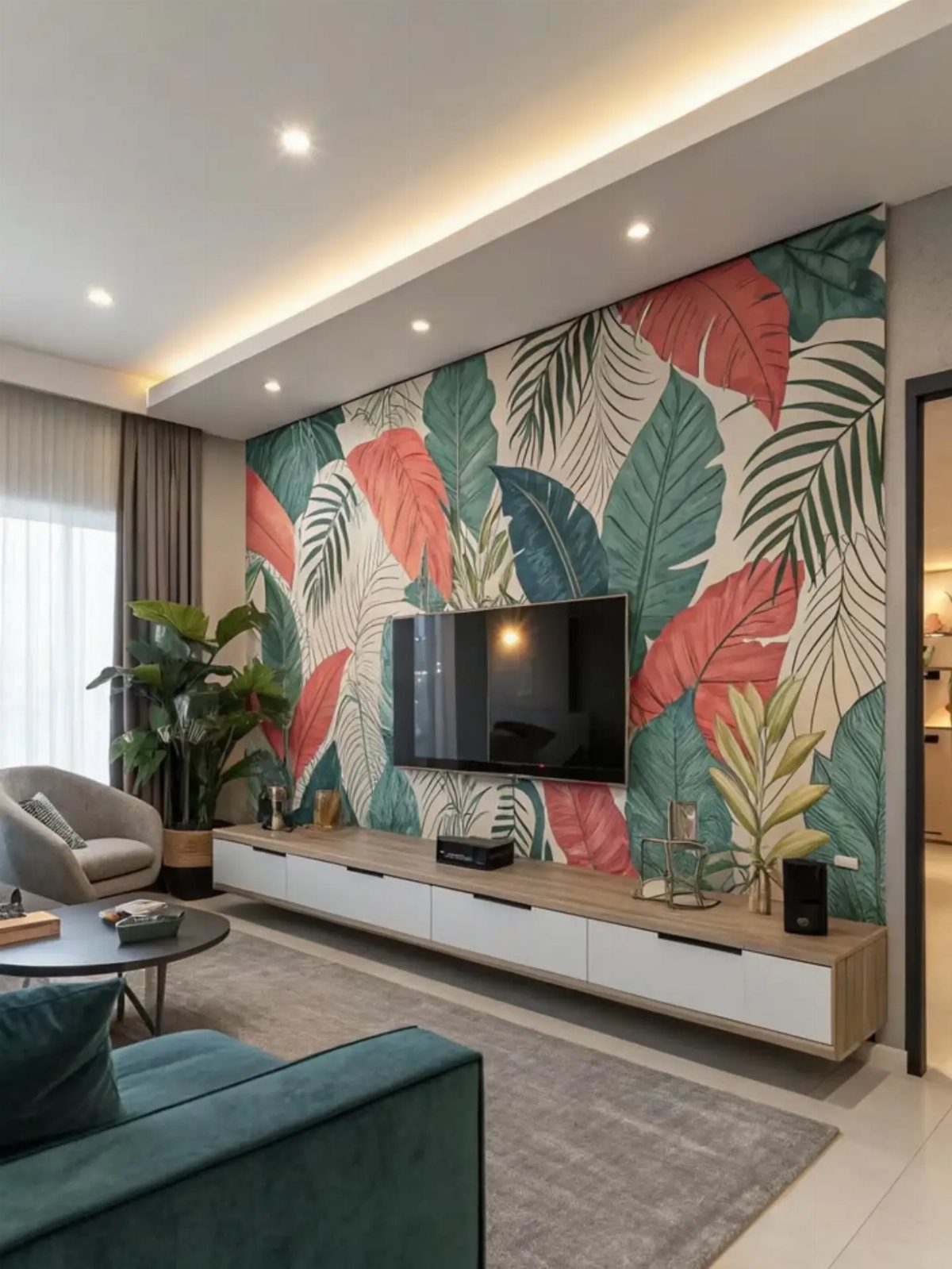 Living room with a large tropical leaf patterned accent wall and teal sofa.