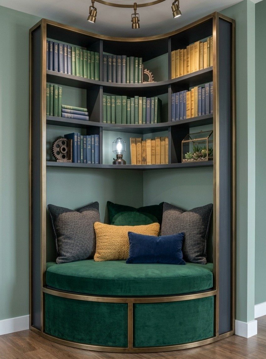 Corner reading nook with green velvet seating and integrated dark grey bookshelves.