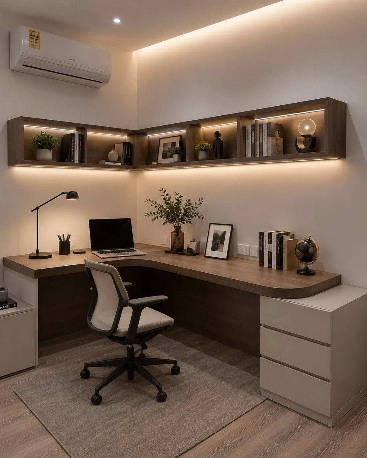L-shaped floating wooden corner bookshelf with integrated lighting above a matching corner desk.