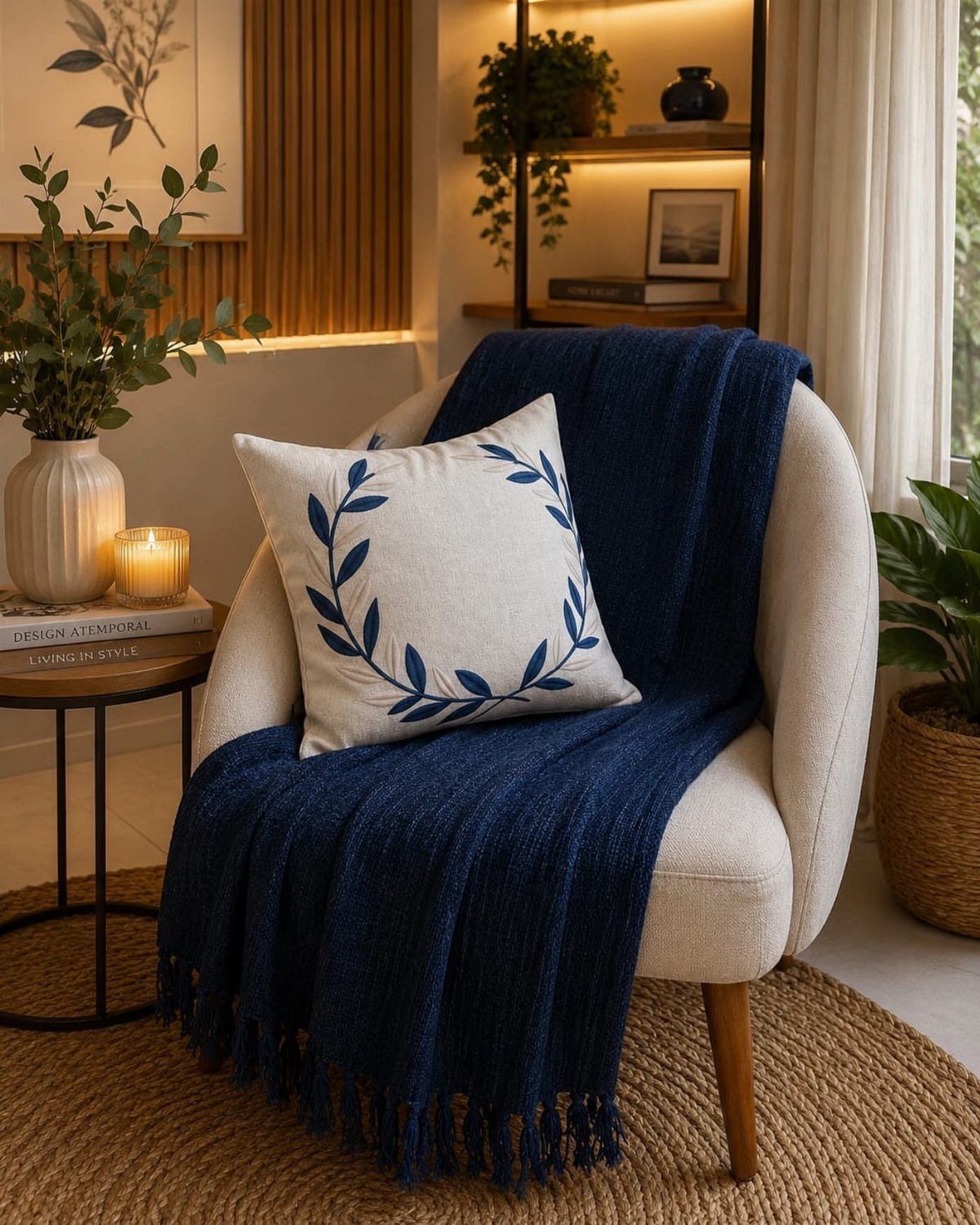 Cream armchair with a dark blue throw blanket and leaf-patterned pillow in a corner.