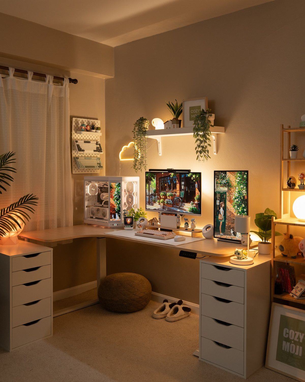 L-shaped wooden corner desk with computer setup, white drawers, and floating plant shelves.