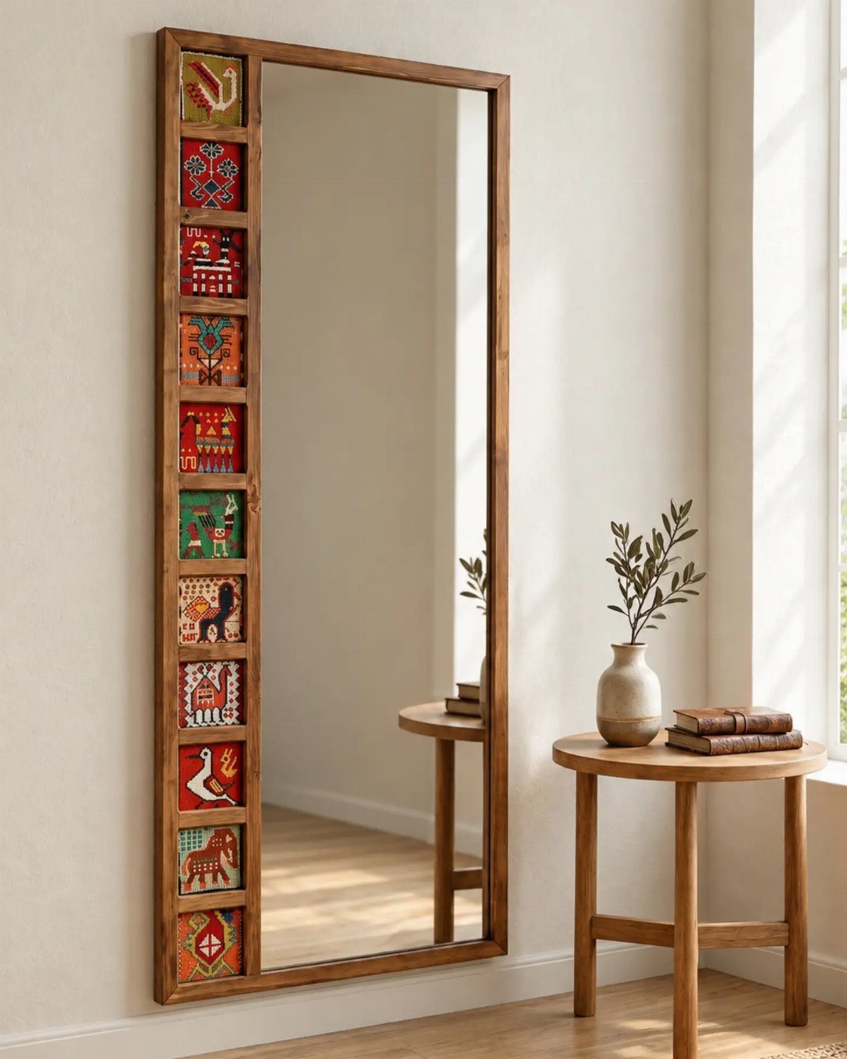 Tall wooden mirror with colorful folk art panels leaning against a white wall.