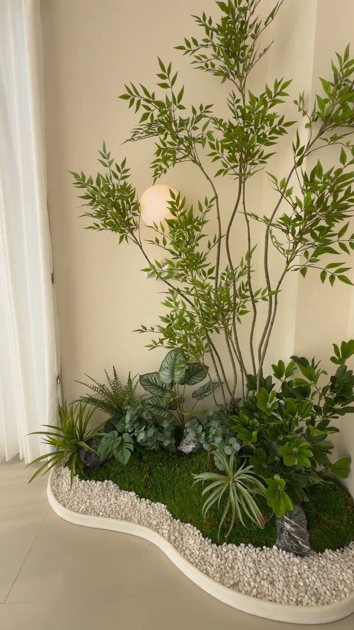 Indoor garden corner with a tall tree, lush green plants, and white pebbles.