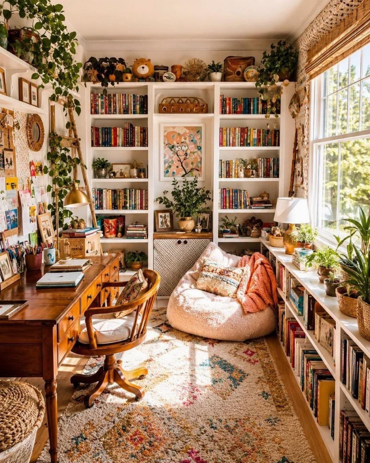 Cozy reading nook with a beanbag chair, bookshelves, and a wooden desk.