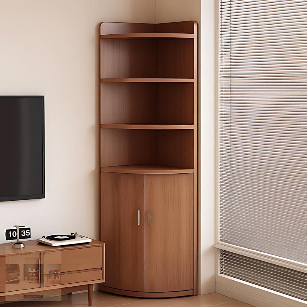 Wooden corner storage unit with open shelving and a closed bottom cabinet.