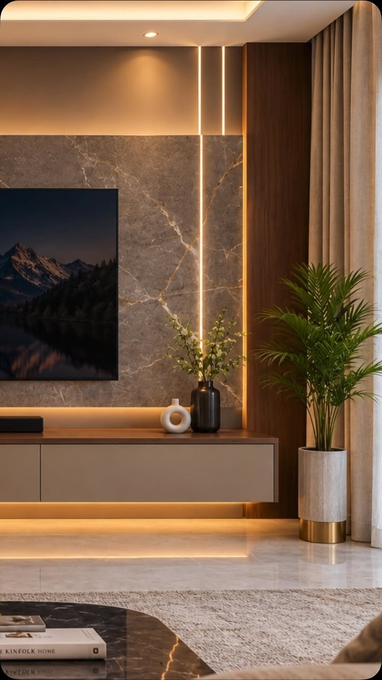 Modern living room with a marble TV wall, floating console, and potted palm plant.
