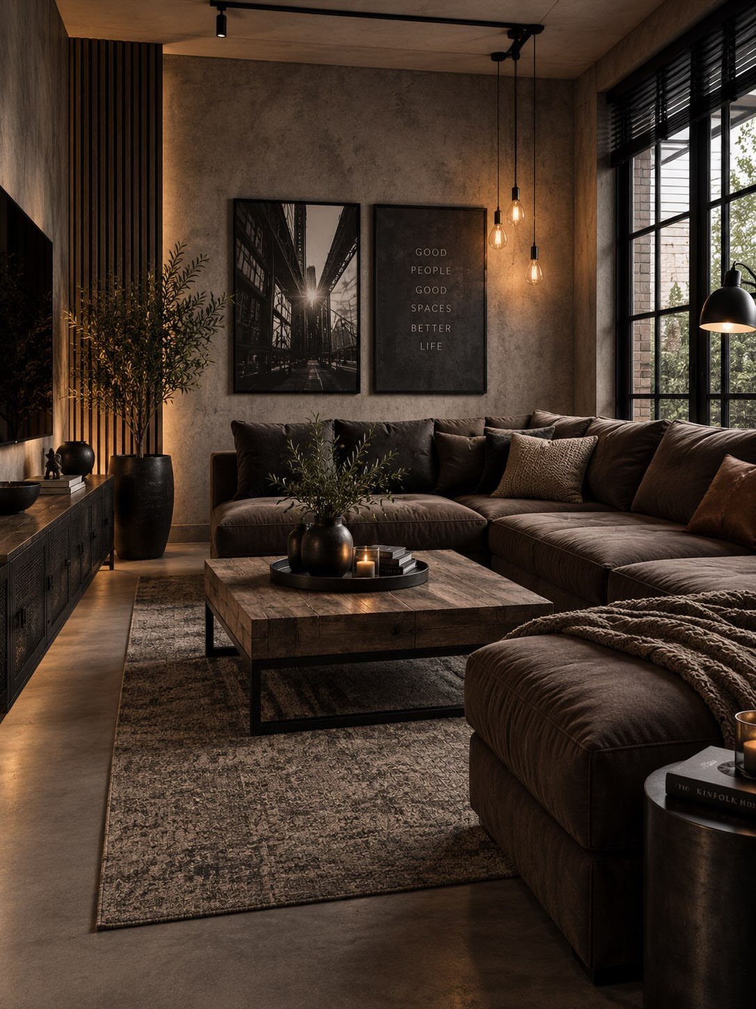 Dark grey living room with brown sectional sofa, wooden coffee table, and warm lighting.