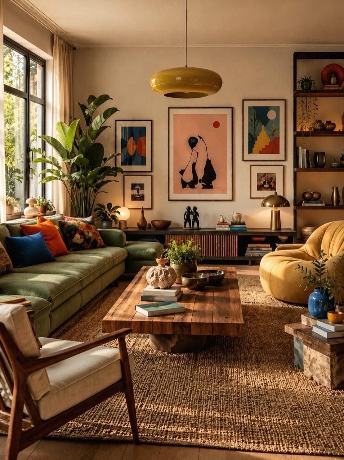 Eclectic living room with green sofa, yellow chair, and diverse art on walls.