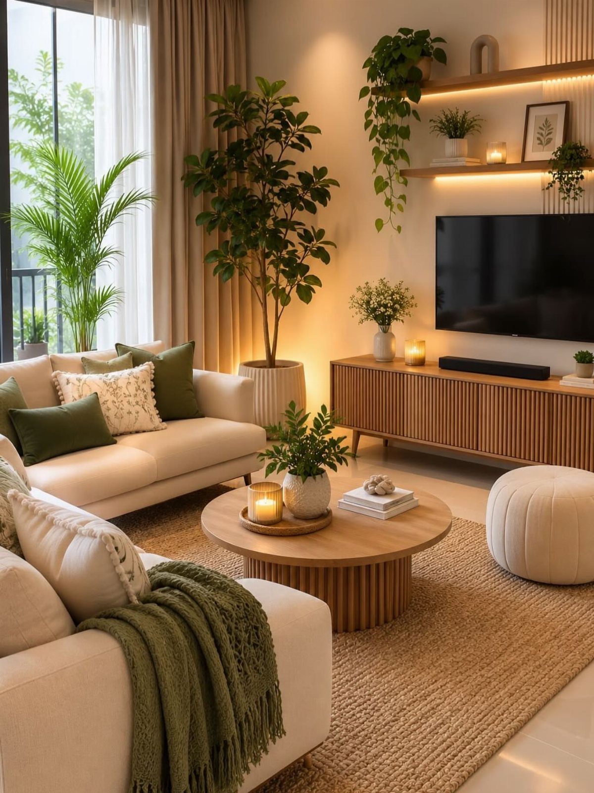 Modern living room with cream sofas, green accents, wooden furniture, and lush indoor plants.