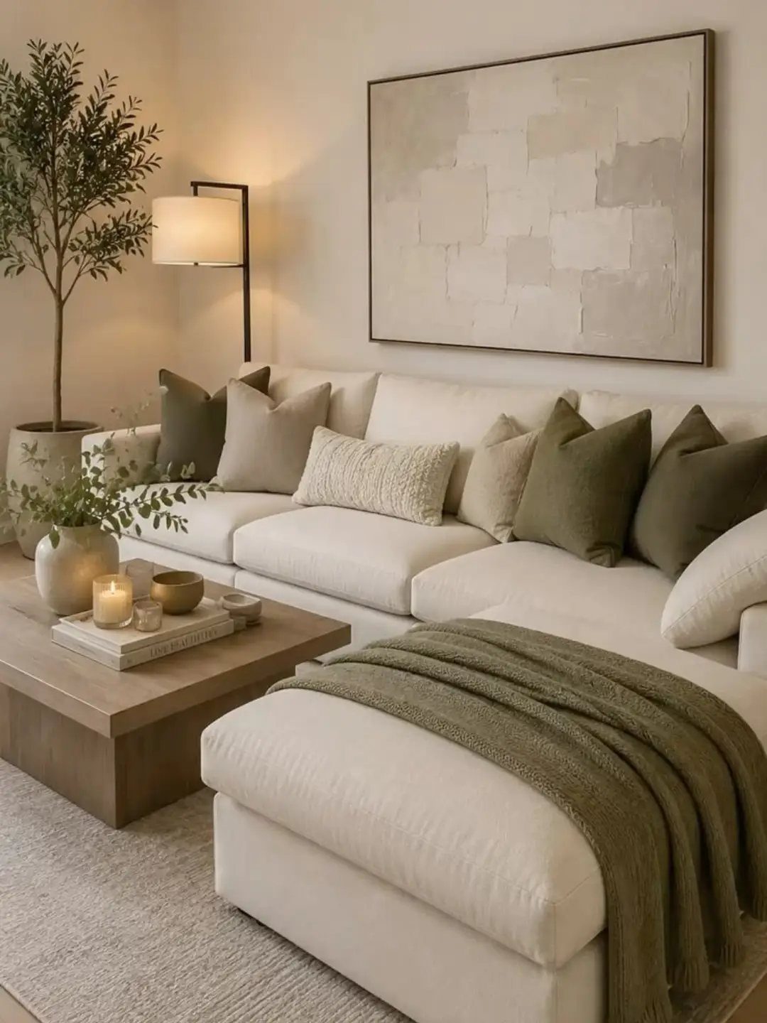 White sectional sofa with olive green pillows and a wooden coffee table in a neutral room.