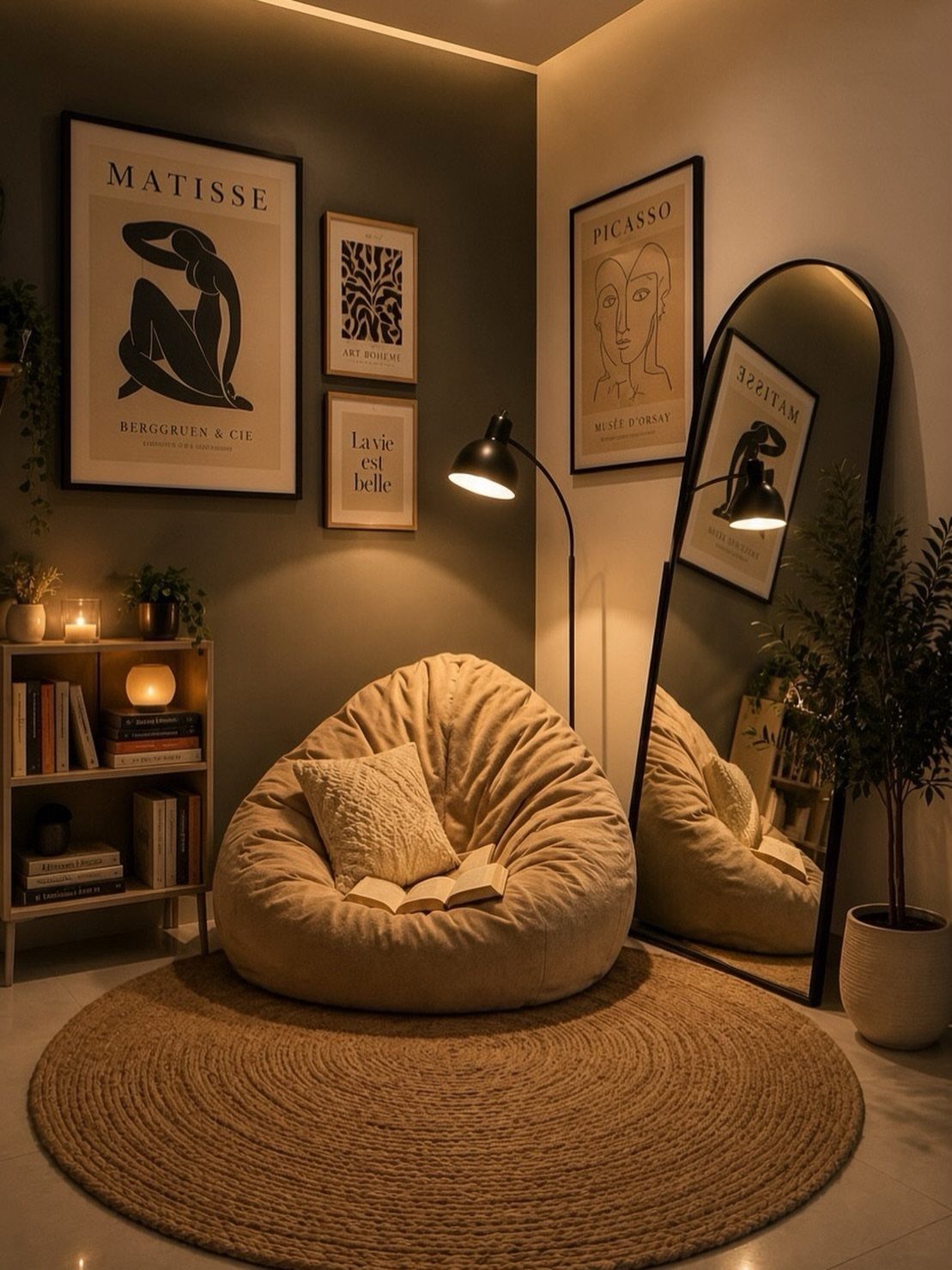 Beige bean bag chair on a round jute rug in a cozy reading nook.