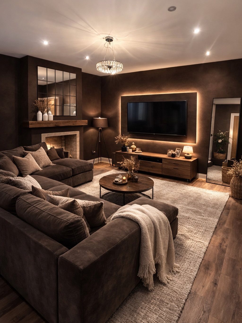 Dark brown sectional sofa in a living room with wooden furniture and dark walls.
