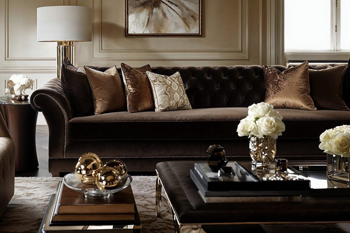 Dark brown tufted velvet couch with gold pillows in a luxury living room