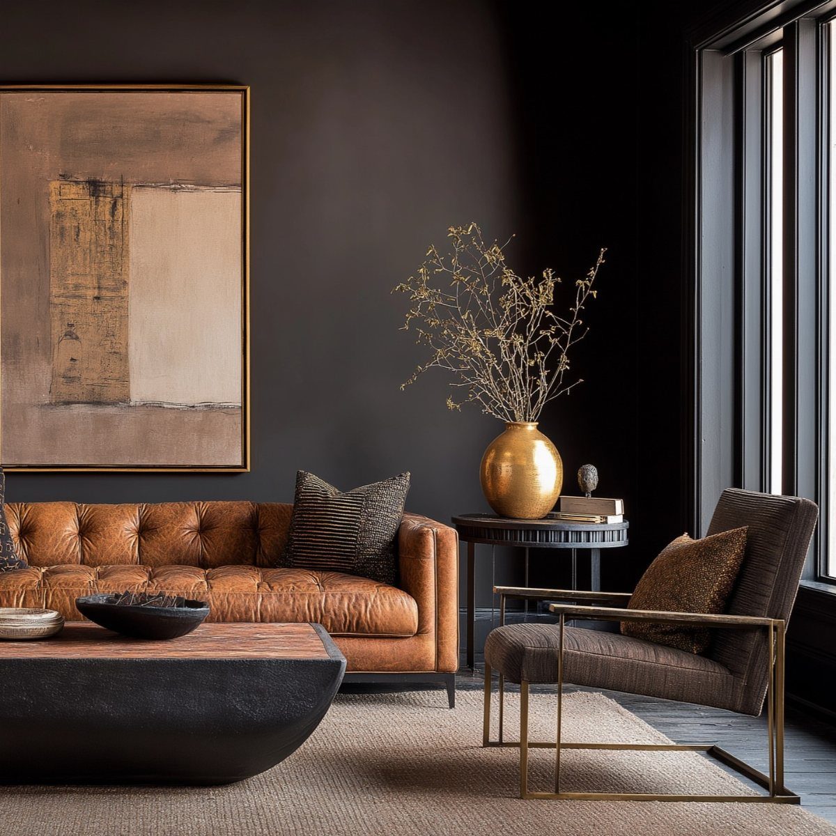 Brown leather sofa in a moody living room with dark walls and gold accents.
