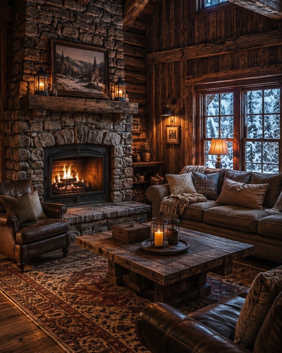 Dark brown leather sofa and armchairs in a rustic cabin with stone fireplace.