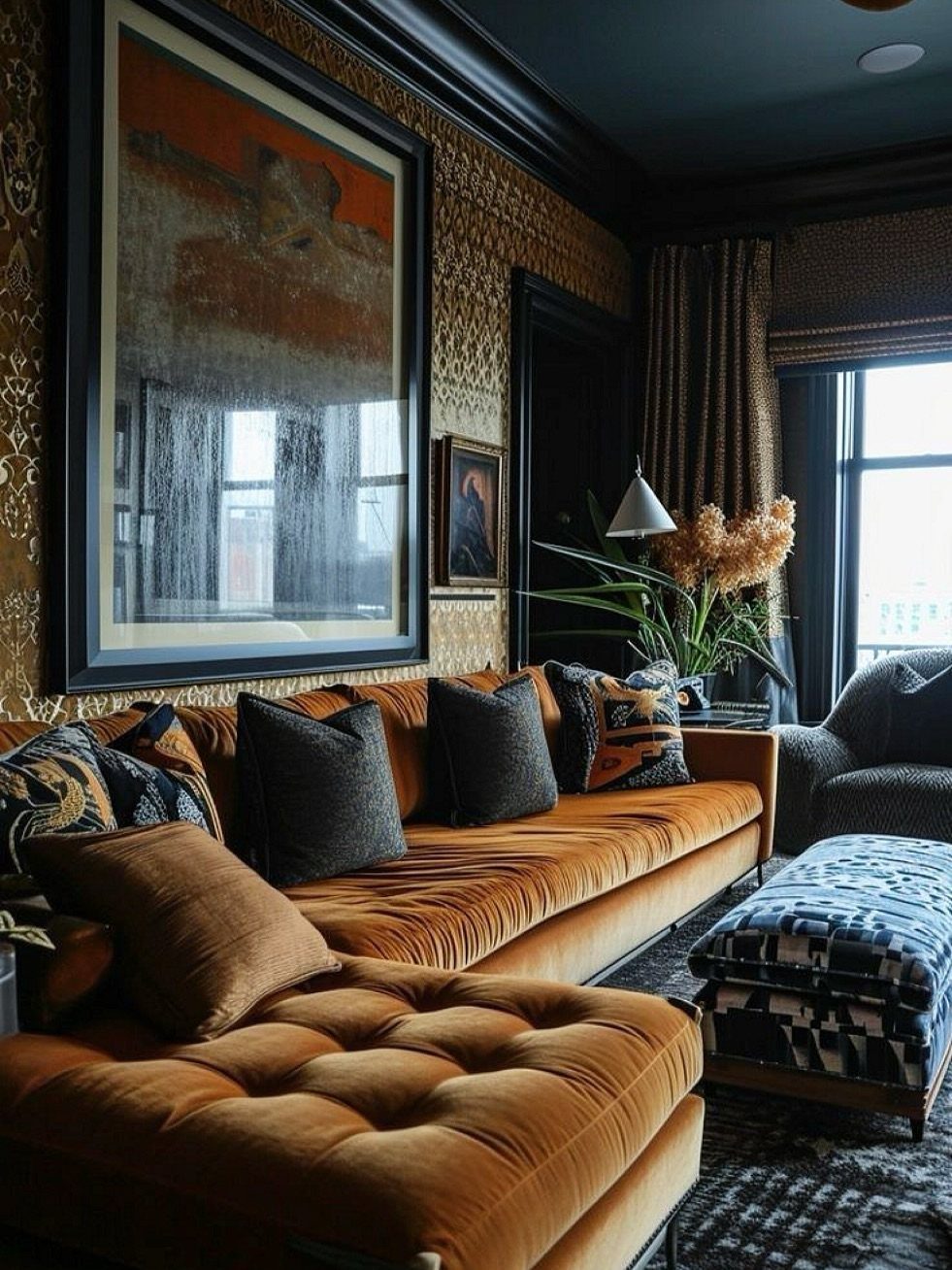 Cognac brown velvet sectional sofa in a living room with gold patterned wallpaper.