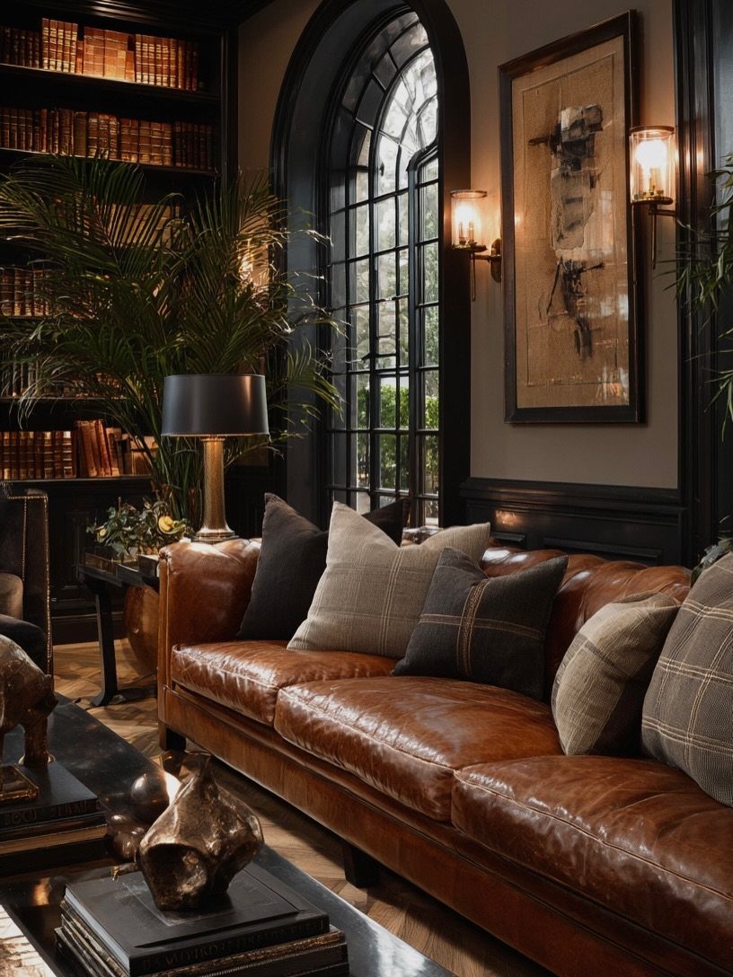 Dark brown leather sofa in a moody room with bookshelves and arched window.