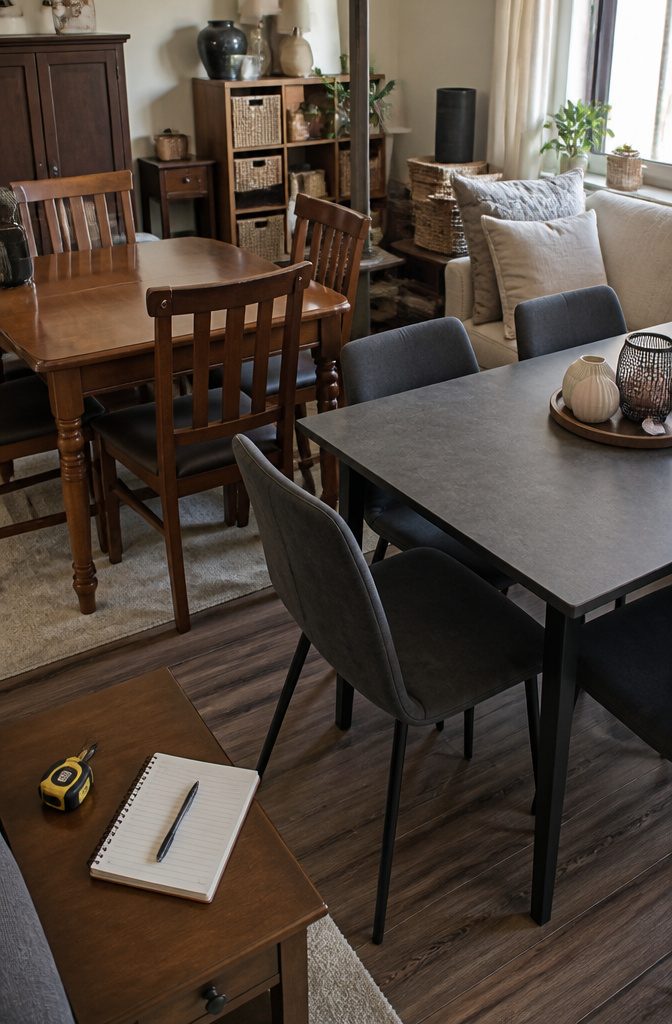 Cluttered kitchen with various dining furniture pieces