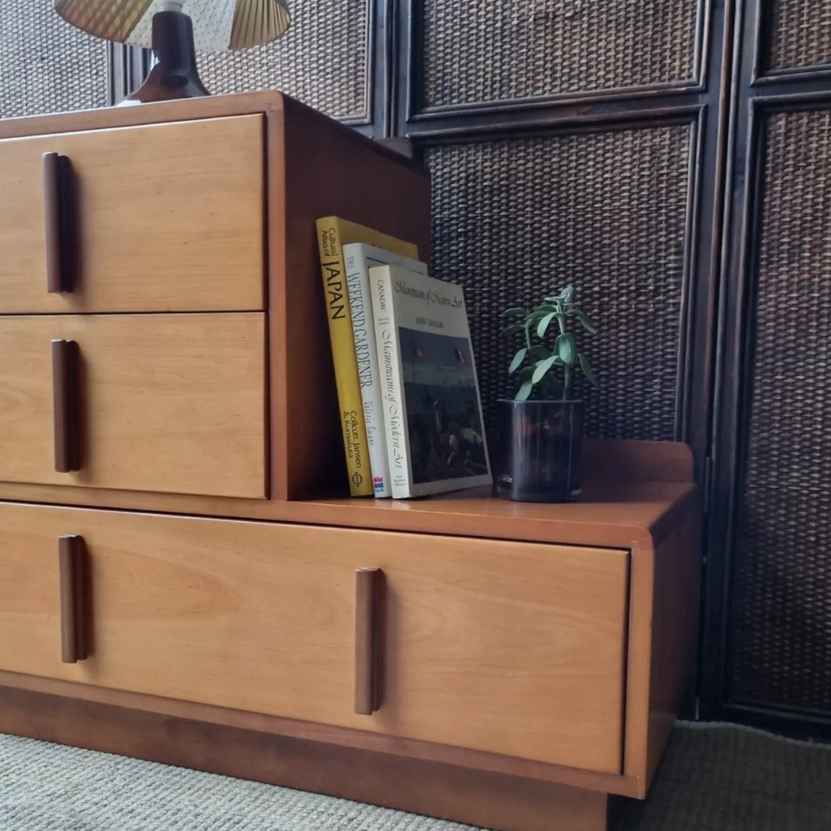 Wooden dresser featuring an asymmetrical arrangement of books and a small potted plant.