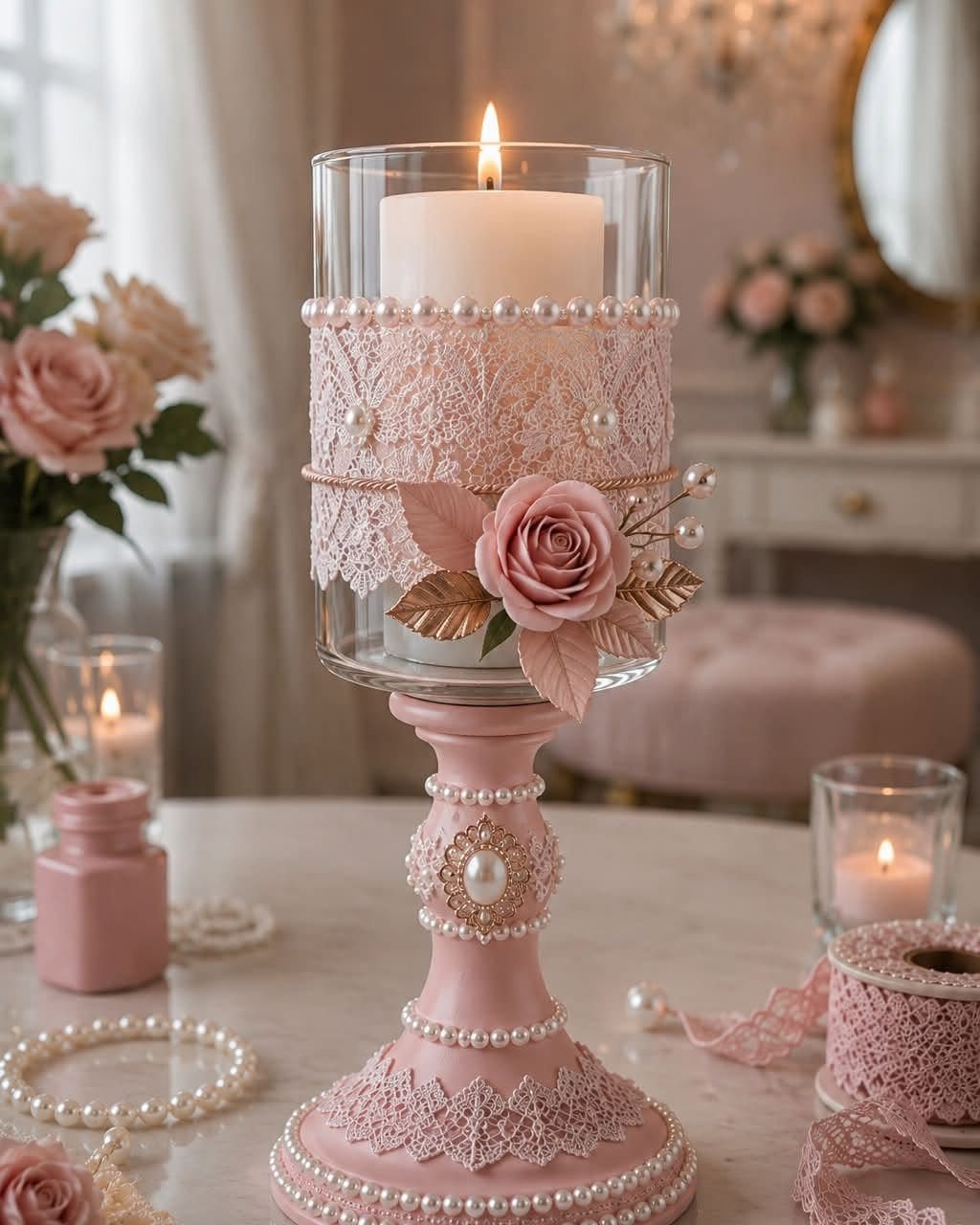 Lit white pillar candle in a pink lace and pearl decorated glass holder.