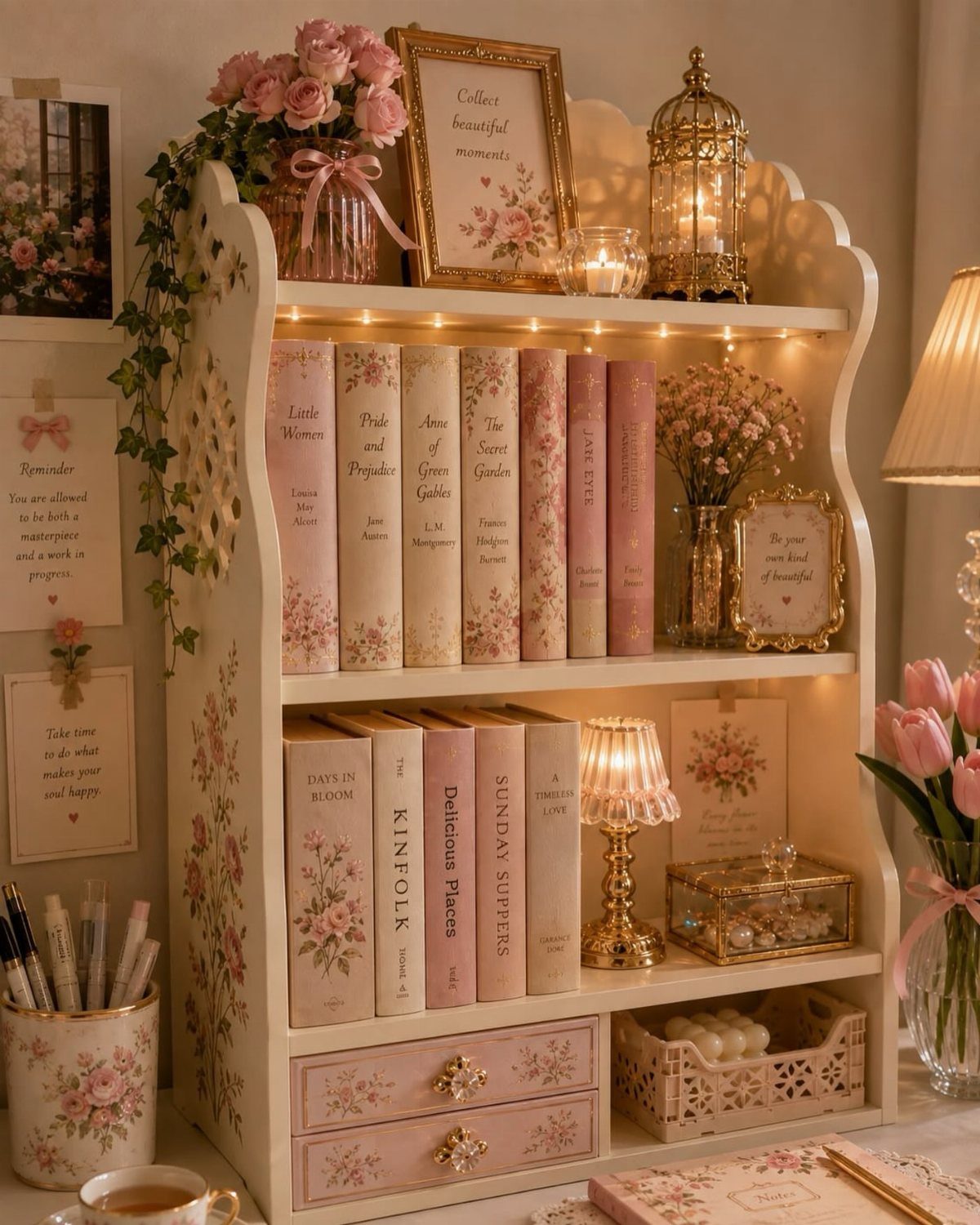 White vintage dresser decorated with pink roses, old books, and gold accents.