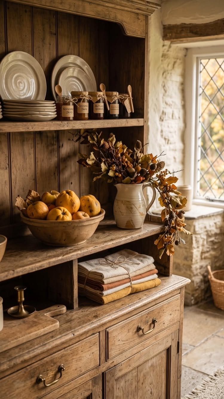 Rustic wooden hutch with autumn leaves, fresh oranges, and folded linens in a cottage.