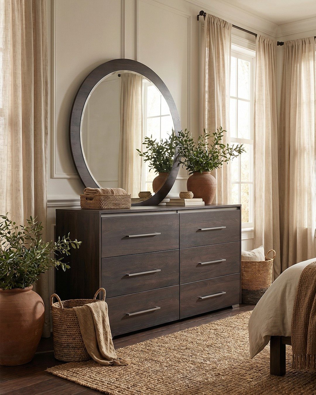 Dark wood dresser with a round mirror and woven storage baskets in a bedroom.