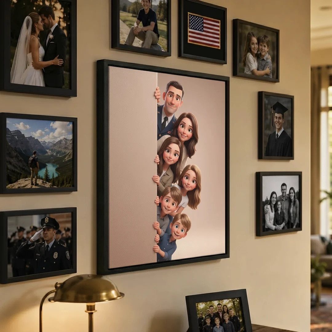 Framed family photographs and a cartoon portrait arranged on a neutral wall.