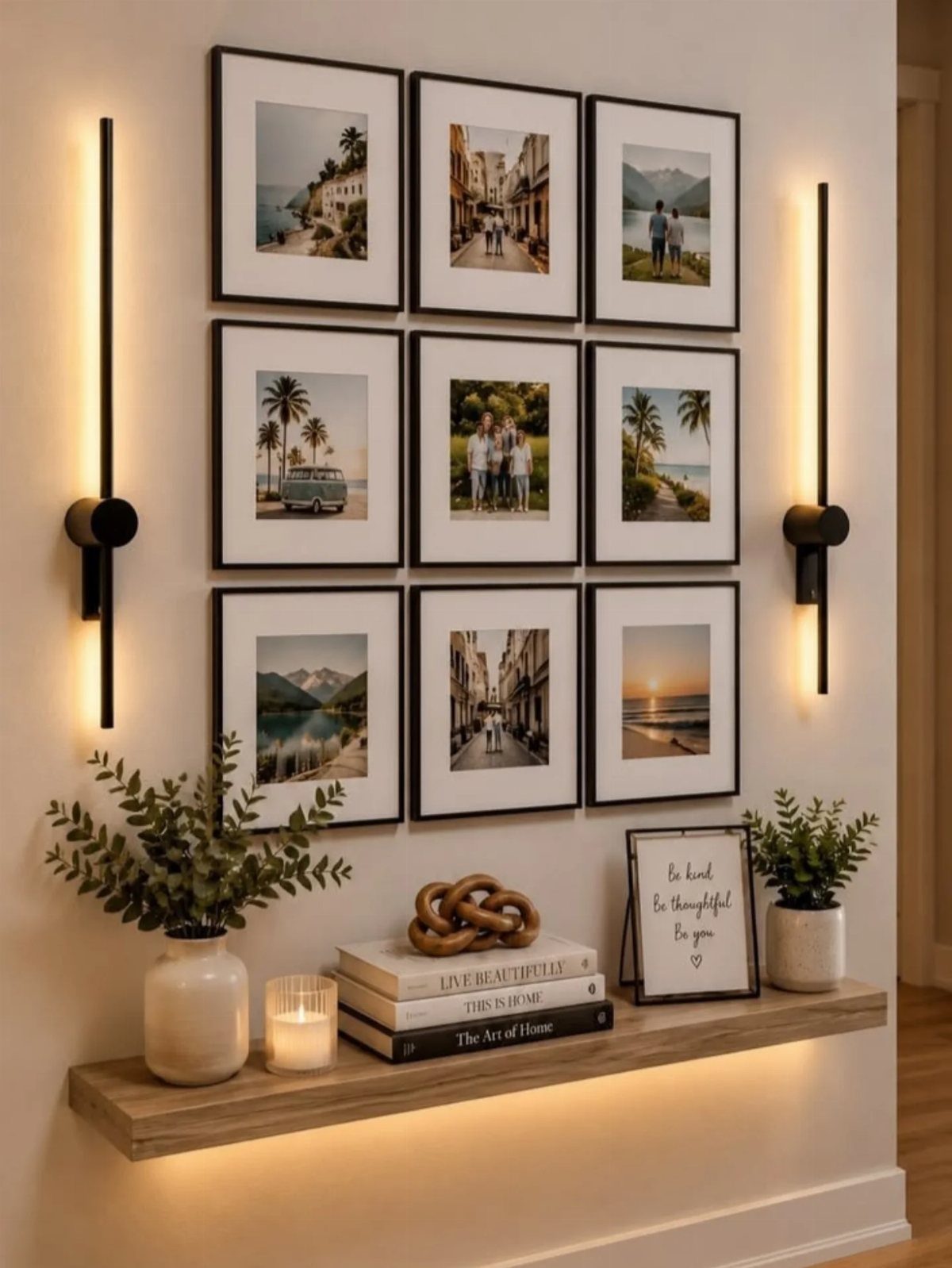 Grid of nine black-framed photos on a white wall above a wooden shelf.