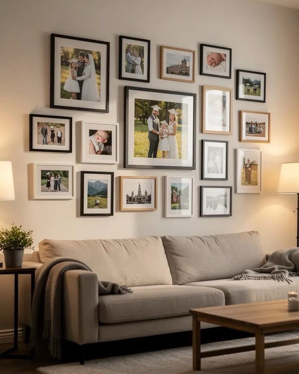 Gallery wall of framed family photos hanging above a neutral colored living room sofa.