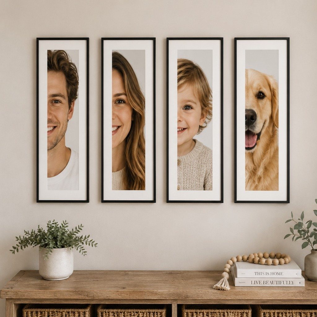 Four matching black framed portraits of a family and dog on a beige wall.