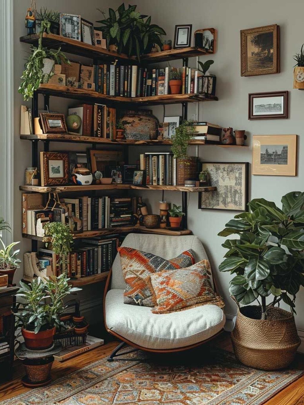 White lounge chair with orange pillows next to rustic wooden bookshelves and plants.