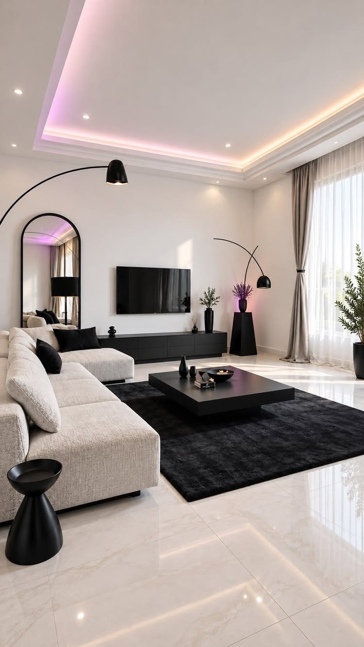 Modern living room featuring black arched floor lamps and a grey sectional sofa.