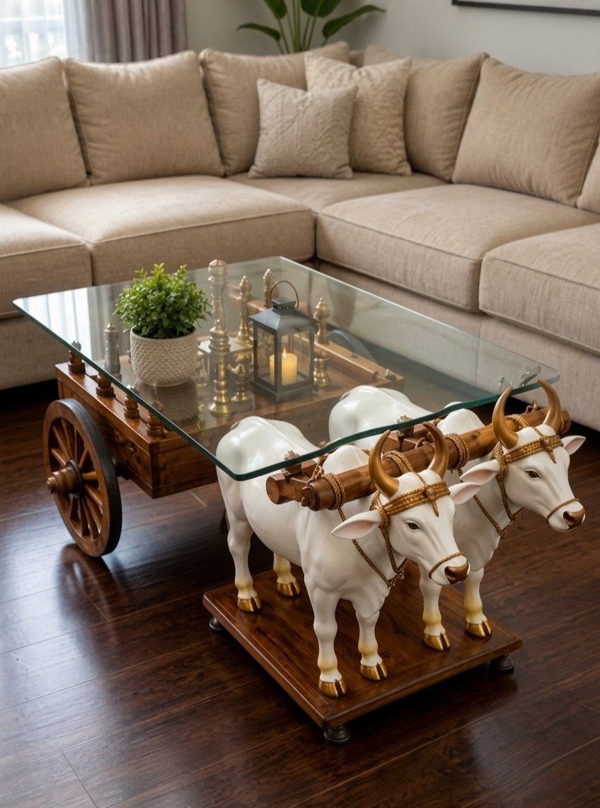 Ox-shaped wooden coffee table with glass top in a living room with beige sofa.